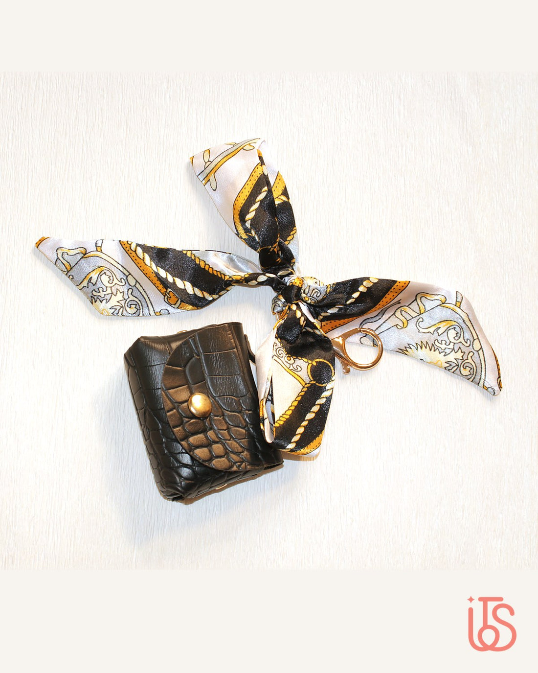 Black mini croc bag charm with silk scarf